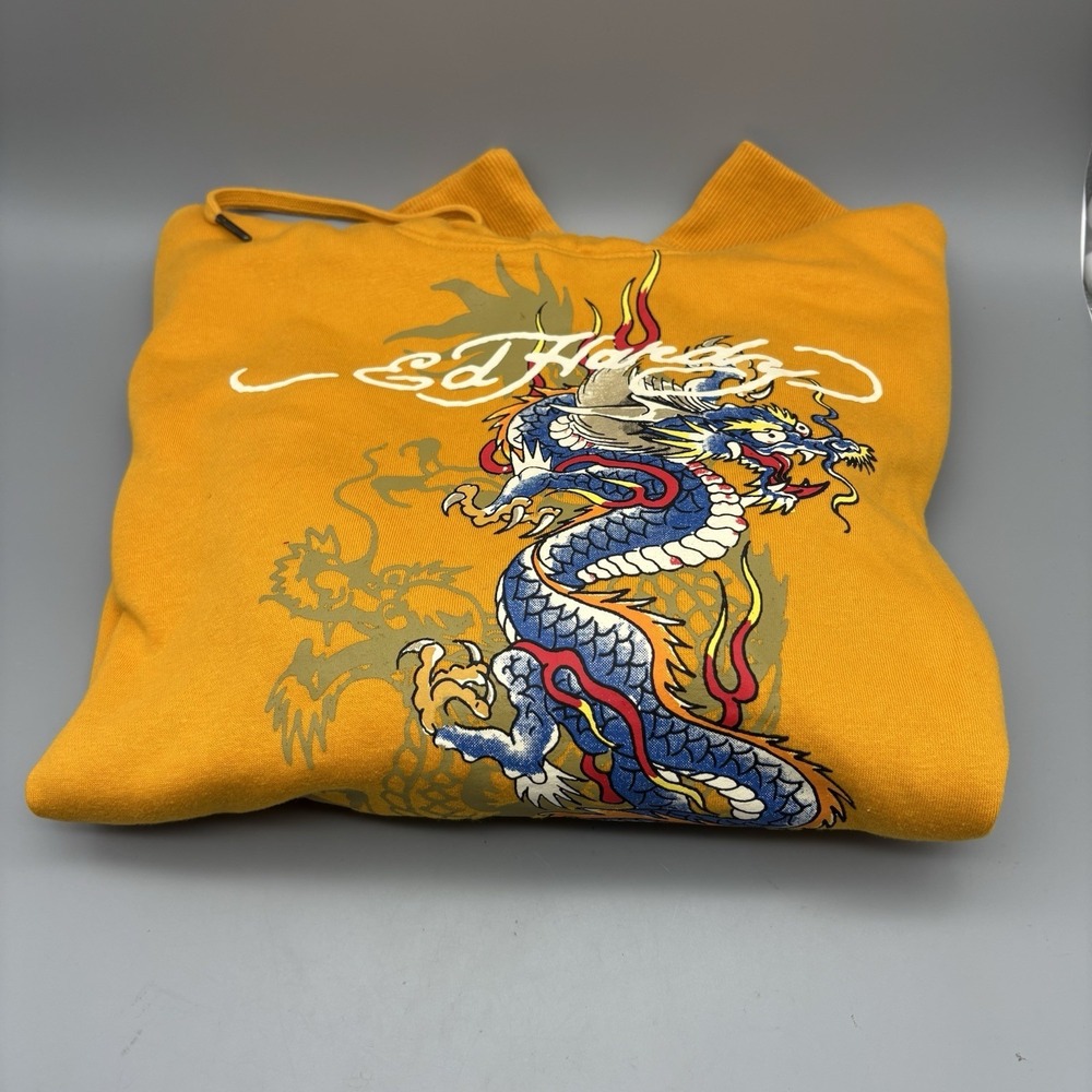 Ed Hardy Dragon Tattoo Pullover Gold Hoodie Junior Women Sz XL Signature Logo